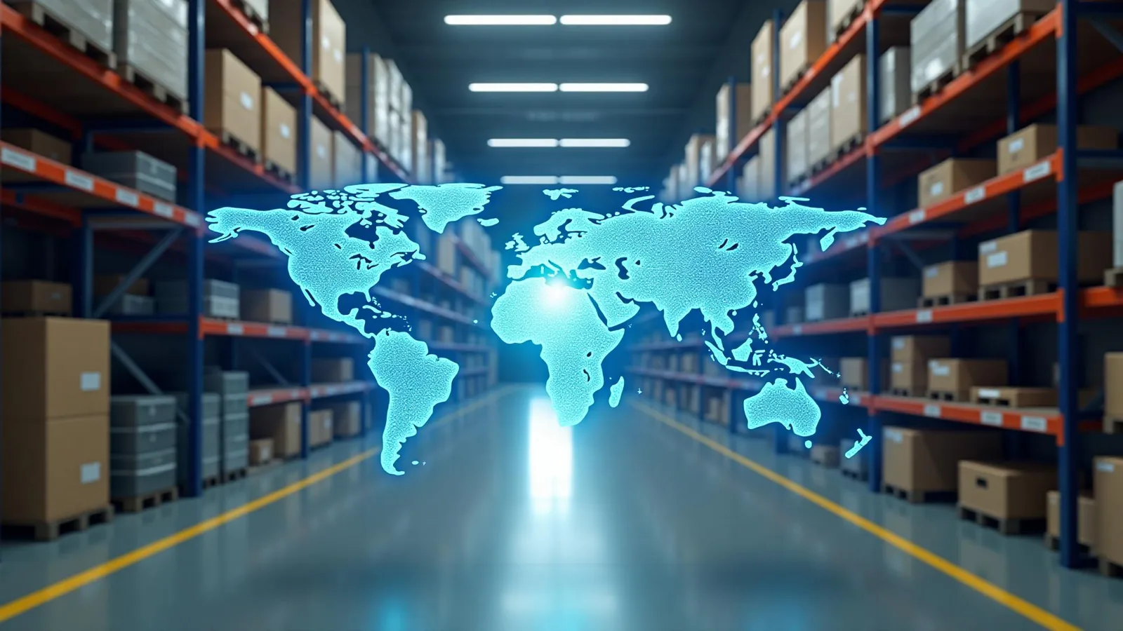 Modern warehouse with digital supply chain visualization and global KPI tracking overlay