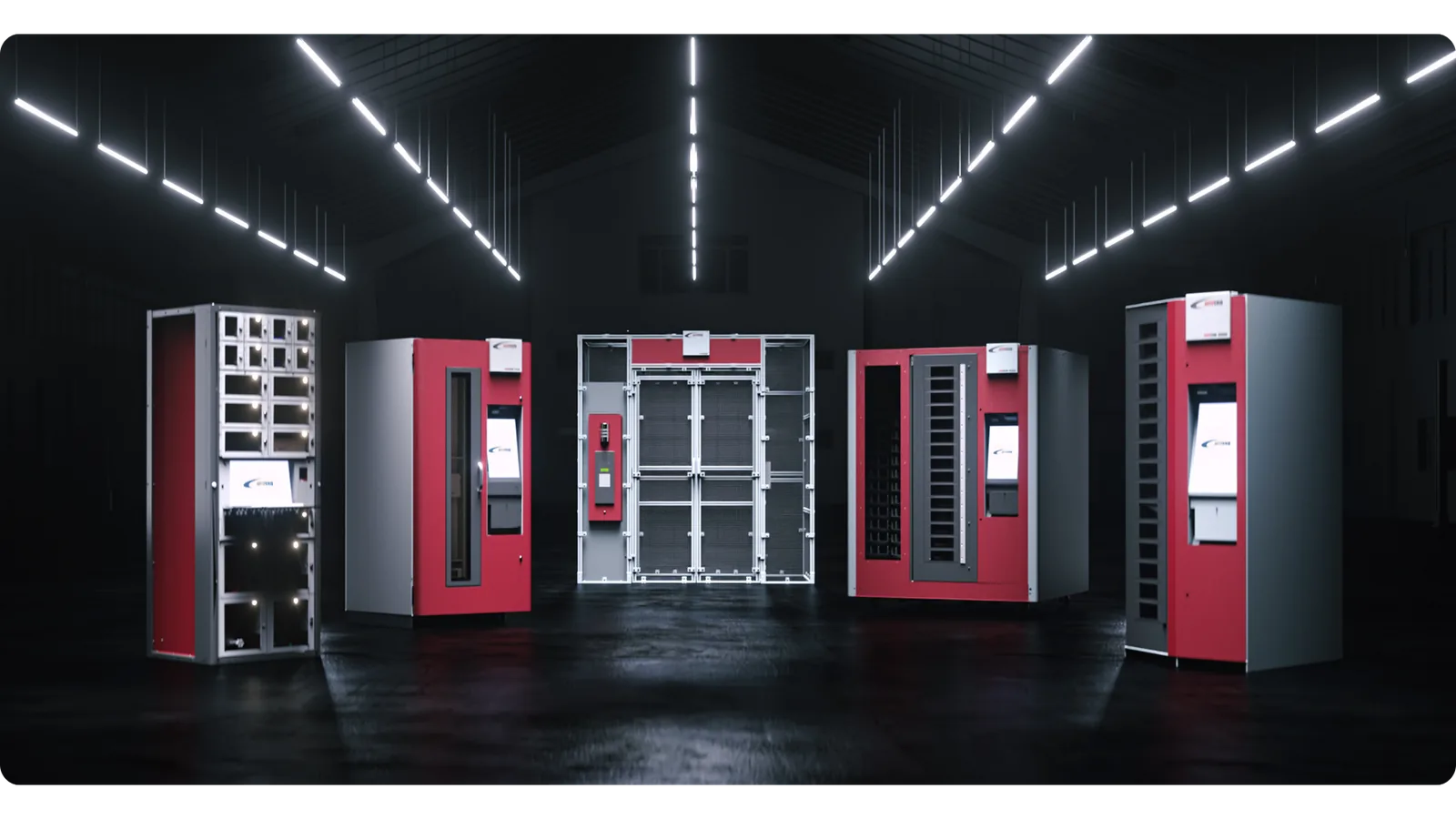 Row of industrial vending cabinets used to dispense consumables and PPE to employees